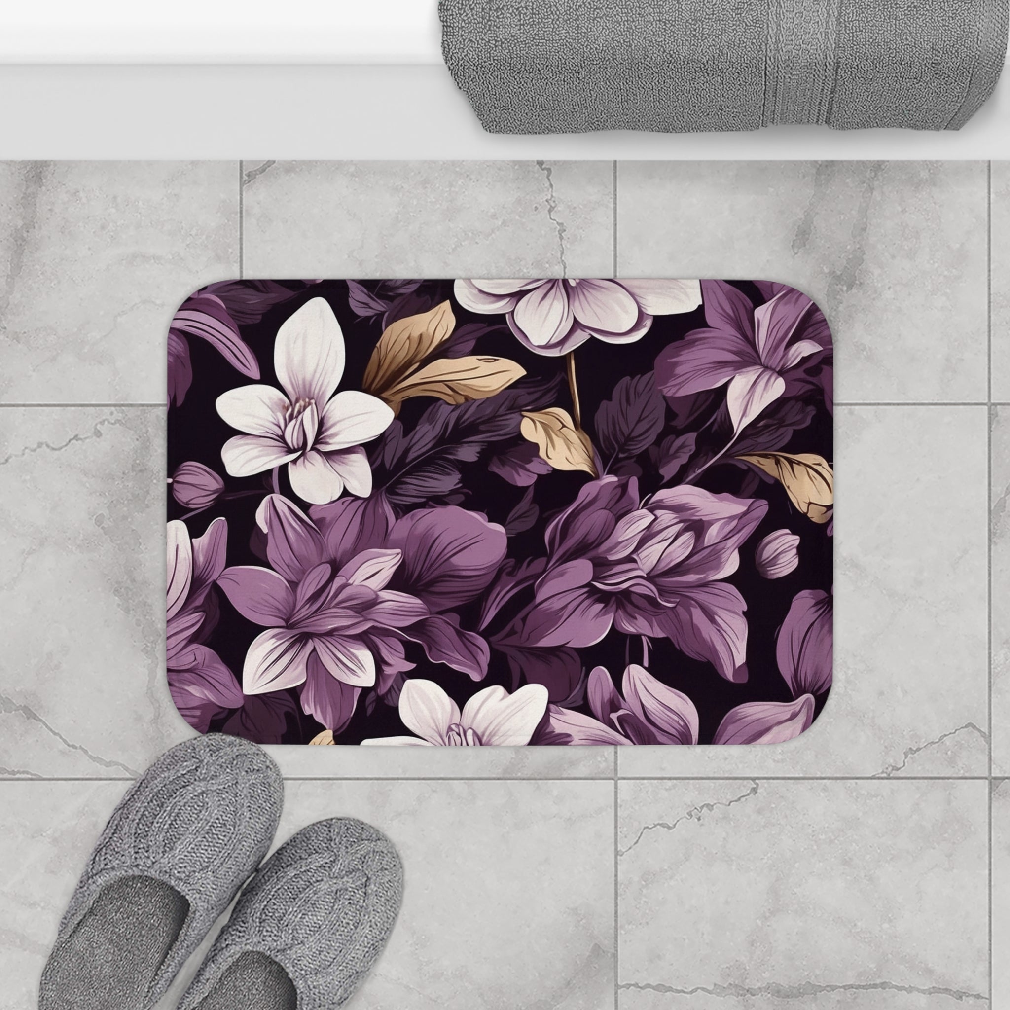 Brilliant Spring Floral in Purple Basil Designed Bath Mat Available in 2 Sizes