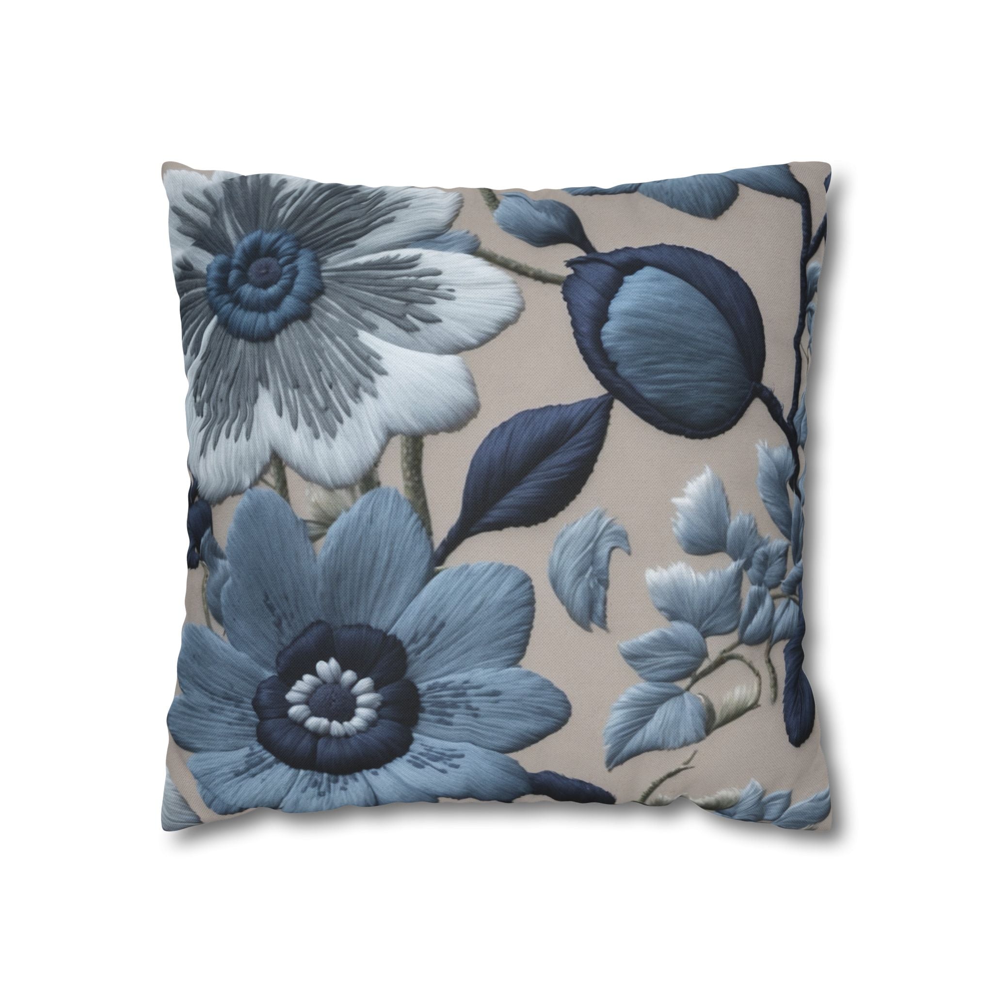 Graceful Blue Spring Floral Embroidered Look pillow cover Spun Polyester Square Pillowcase