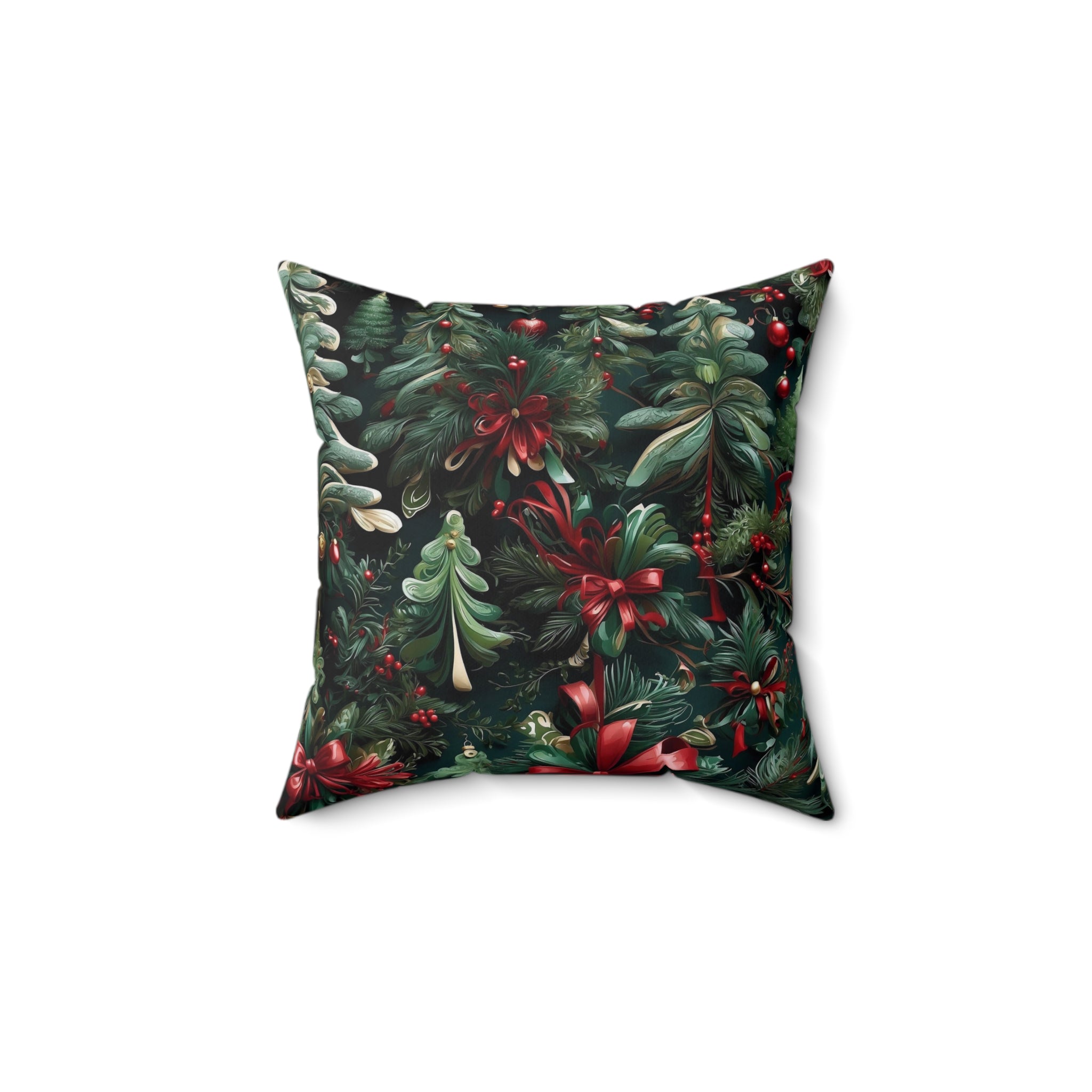 Exquisite Christmas Ribbon and Pines Designed Spun Polyester Square Pillow - Festive Throw Pillow Accents for Comfort and Style