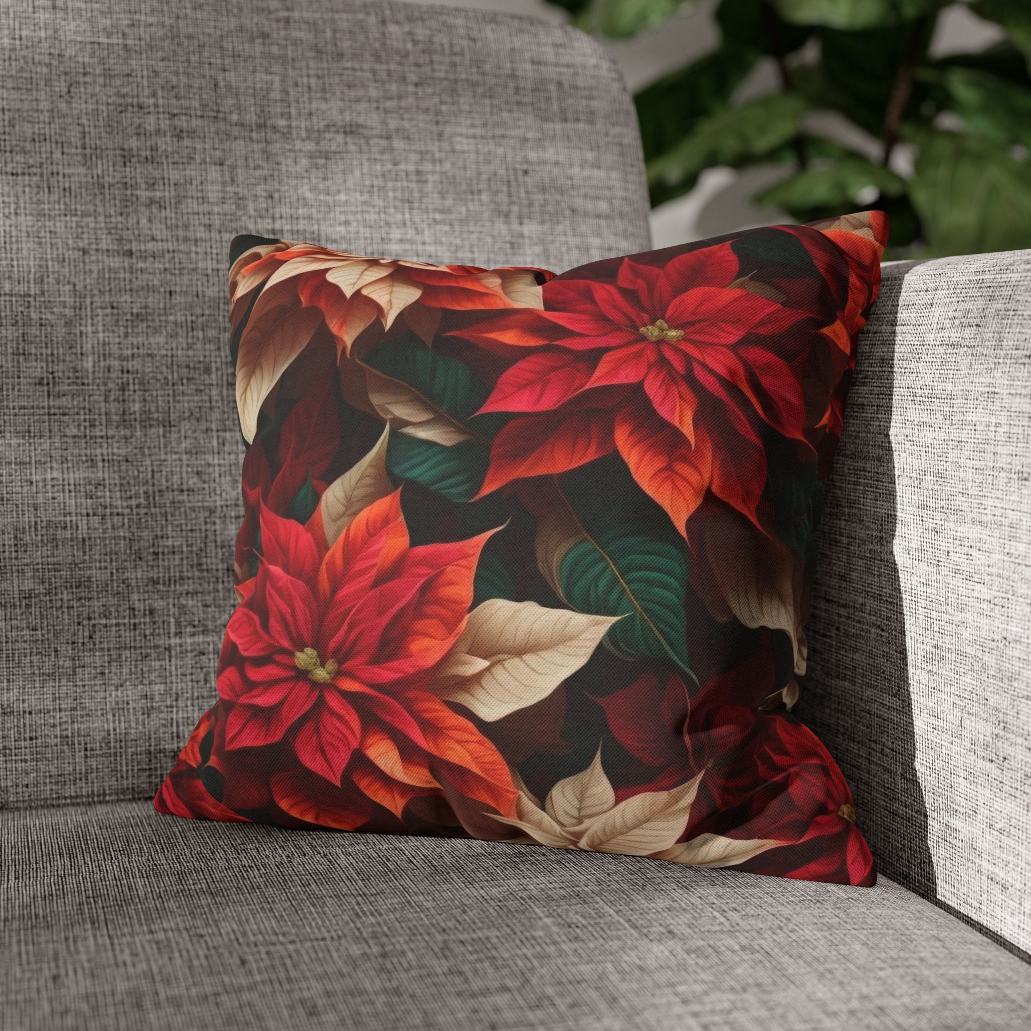 Colorful Bunches of Poinsettias Floral Christmas Holiday Square Pillow Cover - Festive Decor Every Room - 100% Polyester, Concealed Zipper