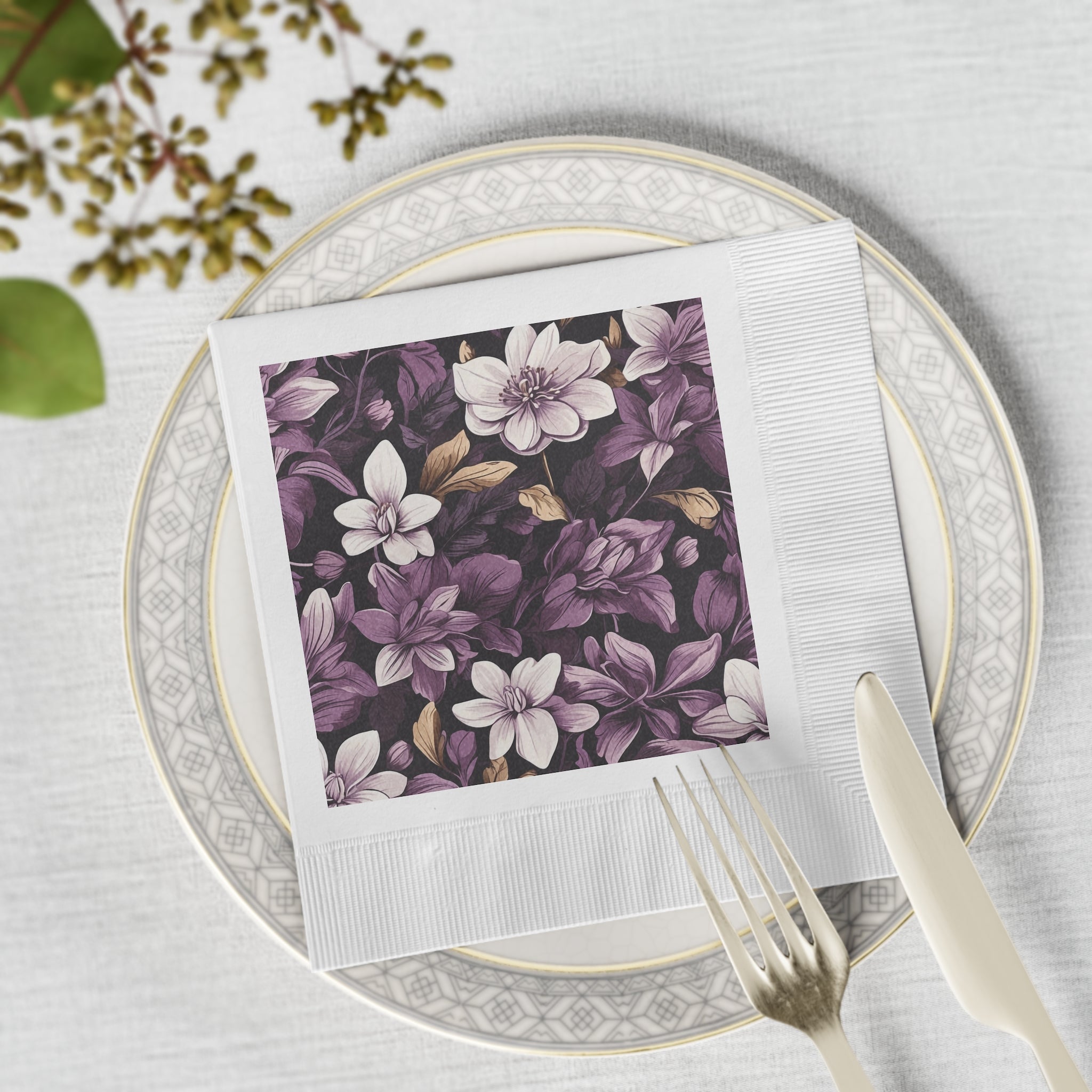 Brilliant Spring Floral in Purple Basil Designed White Coined Napkins 2 Sizes and Counts