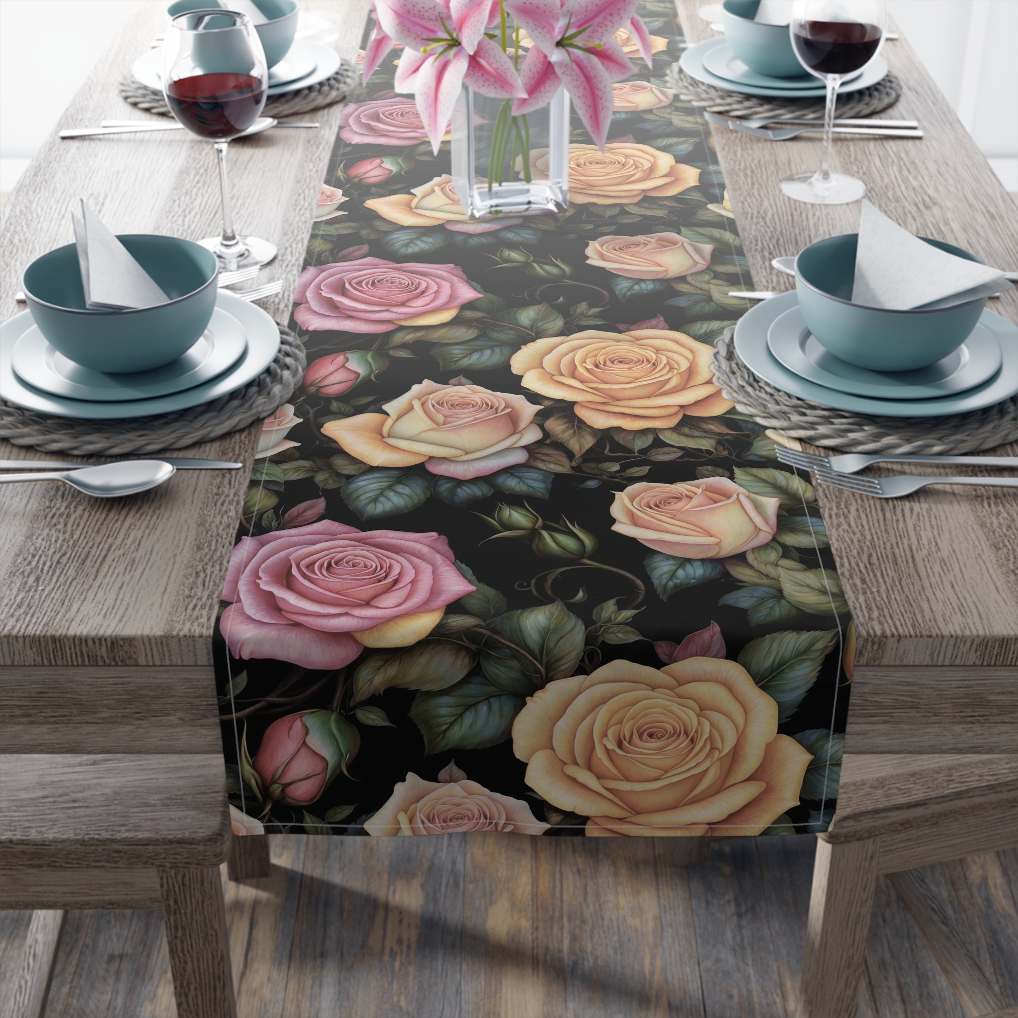 Captivating Pastel Floral Rose Designed Table Runner (Cotton, Poly) Available in 2 Sizes