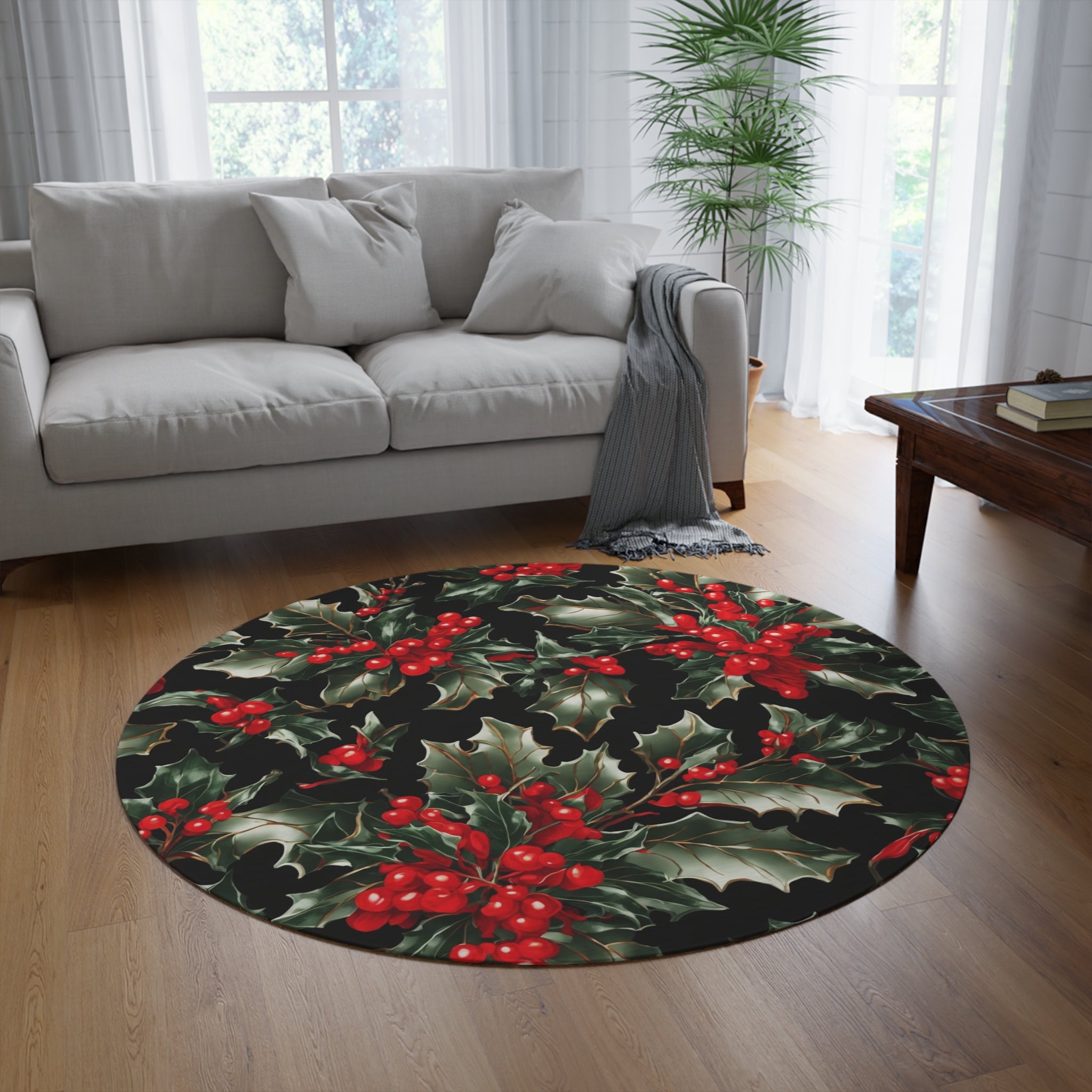 Elegant Holly of Christmas Designed 60" Round Rug